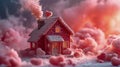 House in the middle of a field and clouds with red pink smoke coming out of the chimney Royalty Free Stock Photo