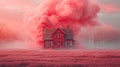 House in the middle of a field and clouds with red pink smoke coming out of the chimney Royalty Free Stock Photo