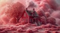 House in the middle of a field and clouds with red pink smoke coming out of the chimney Royalty Free Stock Photo