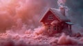 House in the middle of a field and clouds with red pink smoke coming out of the chimney Royalty Free Stock Photo