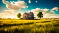 House in the middle of field with trees and clouds in the background. Generative AI Royalty Free Stock Photo