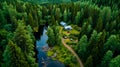 A house in the middle of a forest next to a river Royalty Free Stock Photo