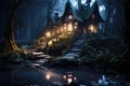 A house in the middle of a forest at night. Generative AI image. Royalty Free Stock Photo