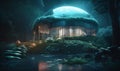 A house in the middle of a forest at night in lush oasis and rounded architecture. AI generated