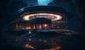 A house in the middle of a forest at night in lush oasis and rounded architecture. AI generated