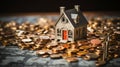 House model and coins on table, real estate investment concept. AI Generated Royalty Free Stock Photo