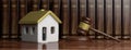 House model with gold roof and a judge gavel, lawyer office background, banner. 3d illustration
