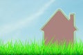 House model in green grass against blue sky background. Green house concept Royalty Free Stock Photo