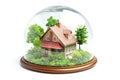 House model protected under a glass dome on white background. Insurance, home safety Royalty Free Stock Photo