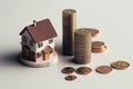 House model and stack of coins. Concept of Investment property, risk and uncertainty in the real estate housing market