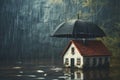 House model standing under umbrella in mud during heavy rain Royalty Free Stock Photo