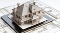 House model on a tablet computer over architectural plans. 3D illustration Royalty Free Stock Photo