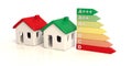 House models with green and red color roofs and energy classification chart isolated against white background. 3d illustration