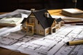 House models sit on top of several different architects drawings and floor plan Royalty Free Stock Photo