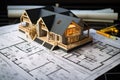 House models sit on top of several different architects drawings and floor plan