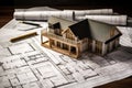 House models sit on top of several different architects drawings and floor plan Royalty Free Stock Photo