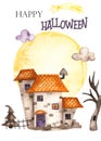 Watercolor halloween card with house moon, trees, star