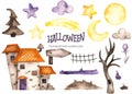 Halloween watercolor set with house, moon, stars, tree, fence, pointer Royalty Free Stock Photo