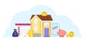 House mortgage cartoon vector illustration with building, calendar, piggy bank, money, contract.