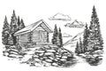 House in mountain landscape hand drawn vector illustration sketch Royalty Free Stock Photo