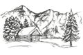 House in mountain the snow landscape hand drawn vector illustration realistic sketch Royalty Free Stock Photo