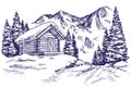 House in mountain the snow landscape hand drawn vector illustration sketch Royalty Free Stock Photo