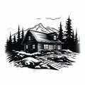 Bold Stencil Forest Cabin: High-quality Ink Illustration