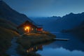 House in the mountains near a lake, AI generated Royalty Free Stock Photo