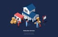 House Moving And Relocation Services Concept 3D Illustration In Cartoon Style With Group Of People. Isometric Vector