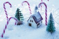 House n with Christmas tree on snowy winter night Royalty Free Stock Photo