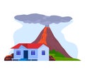 House near erupting volcano with flowing lava and ash cloud. Eruption disaster and nature calamity concept. Emergency