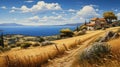 Realistic Oil Painting Of A Greek Island Oasis With Wheat Fields