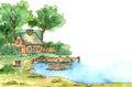 House near the lake. Watercolor illustration.