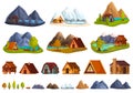 House near mountain lake icons set cartoon vector. Nature tree Royalty Free Stock Photo