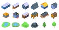 House near mountain lake icons set isometric vector. Cozy valley