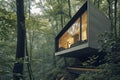 A house nestled in the dense foliage of a forest, surrounded by trees on all sides, Micro-house in a secluded forest, AI Generated