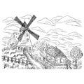 a house next to a wheat field and a windmill, hand-drawn vector illustration