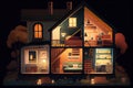 house at night with bright windows, showcasing warm and cozy interior