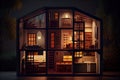 house at night with bright windows, showcasing warm and cozy interior