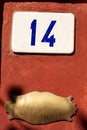 House number fourteen and empty brass plaque on red wall Royalty Free Stock Photo