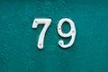 House number seventy-nine on an iron green background. 79