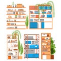 House and Office bookshelf, bookcase, bookrack or stand with boooks, accessories, office paper and folder with greenery