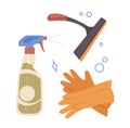 House and office window washing and cleaning items, set of gloves, detergent spray and squeegee