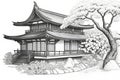 The house is in Oriental style. The concept of a home in China, Korea or Japan. Coloring page created with generative AI