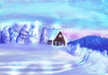 A house on the outskirts of the forest. Winter landscape. Children\'s drawing