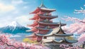 House pagoda and sakura in Japan, Japanese nature in spring, illustration, generative AI