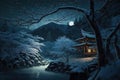 House pagoda and sakura in Japan at night, Japanese landscape in winter, illustration, generative AI