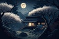 House pagoda and sakura in Japan at night, Japanese nature in winter, illustration, generative AI