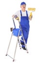 House painter with ladder on white Royalty Free Stock Photo