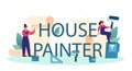 House painter typographic header. Worker gluing wallpapers